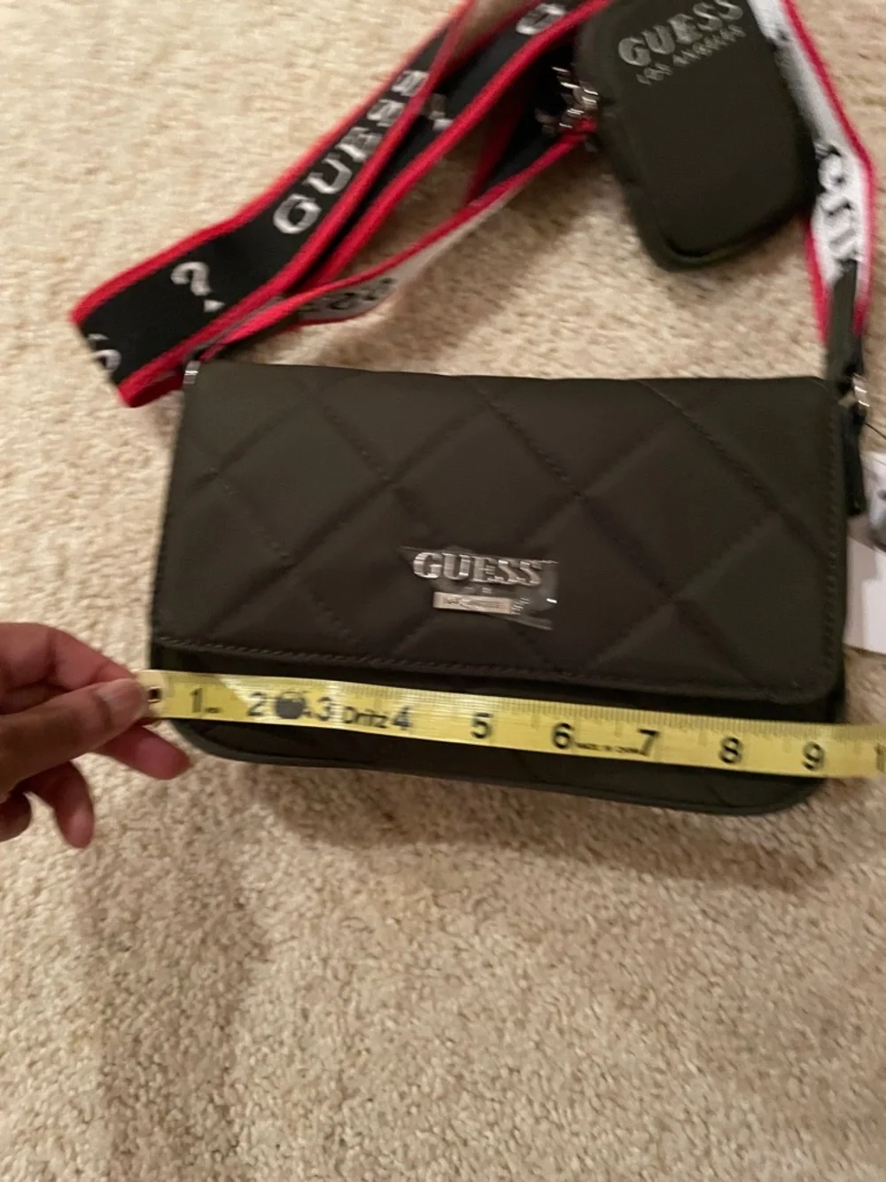 Guess Olive Green Mini Crossbody with Black, Red & White Logo Strap - Picture 5 of 13